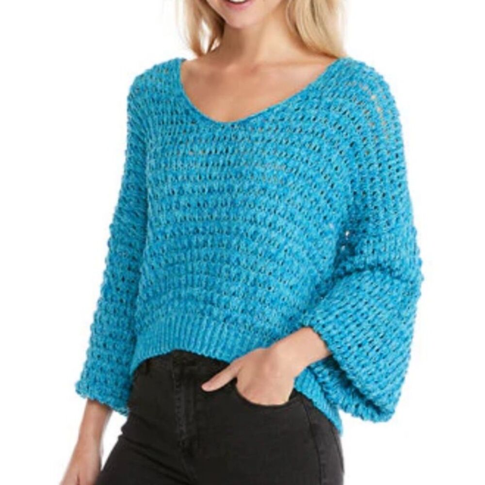 FREE PEOPLE Coconut Loose-Weave V-Neck Blue Turquoise Pullover Sweater Medium